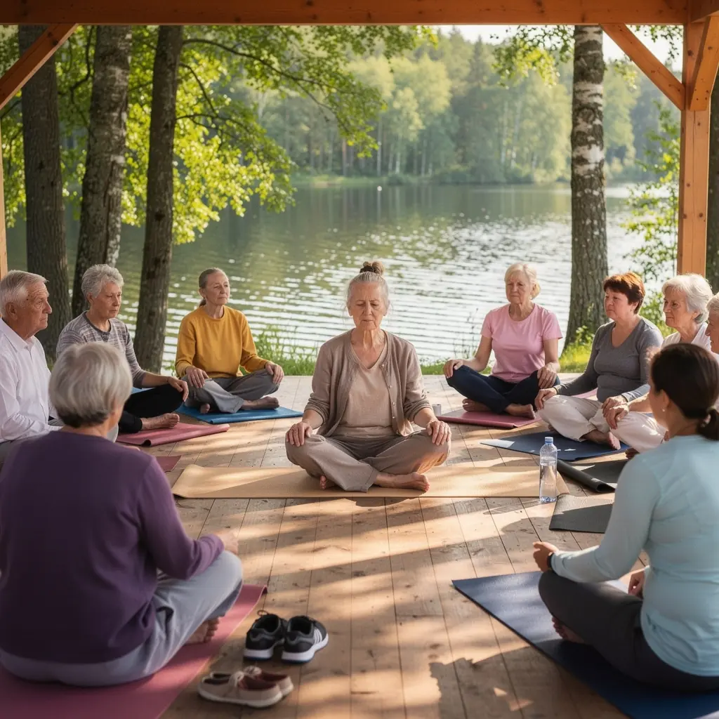 Vingrošanas bumbiņas un stieņi, kas paredzēti līdzsvara uzlabošanai senioriem.