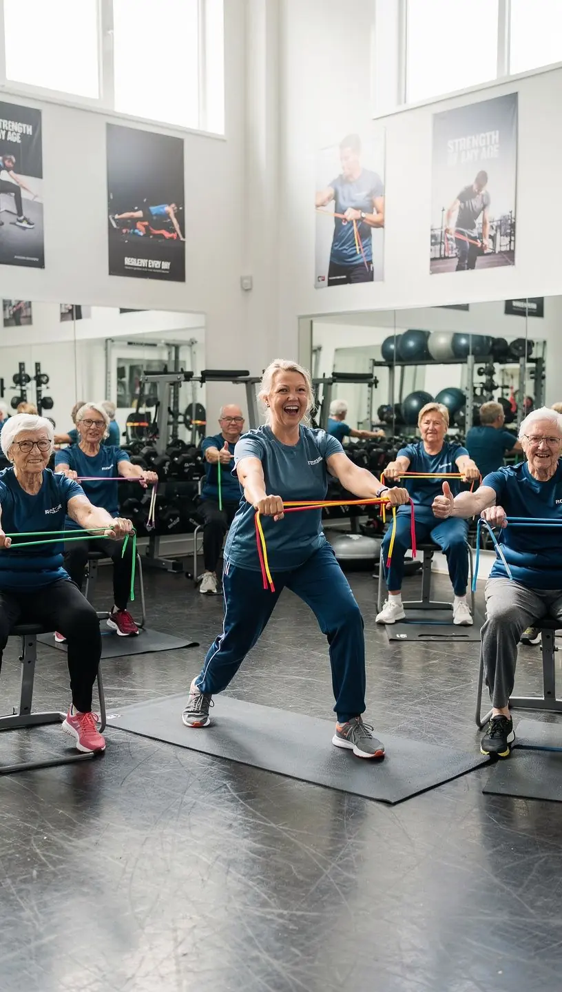 Grupa vecāka gadagājuma cilvēku, kas piedalās attālinātā vingrošanas nodarbībā, izmantojot datoru.