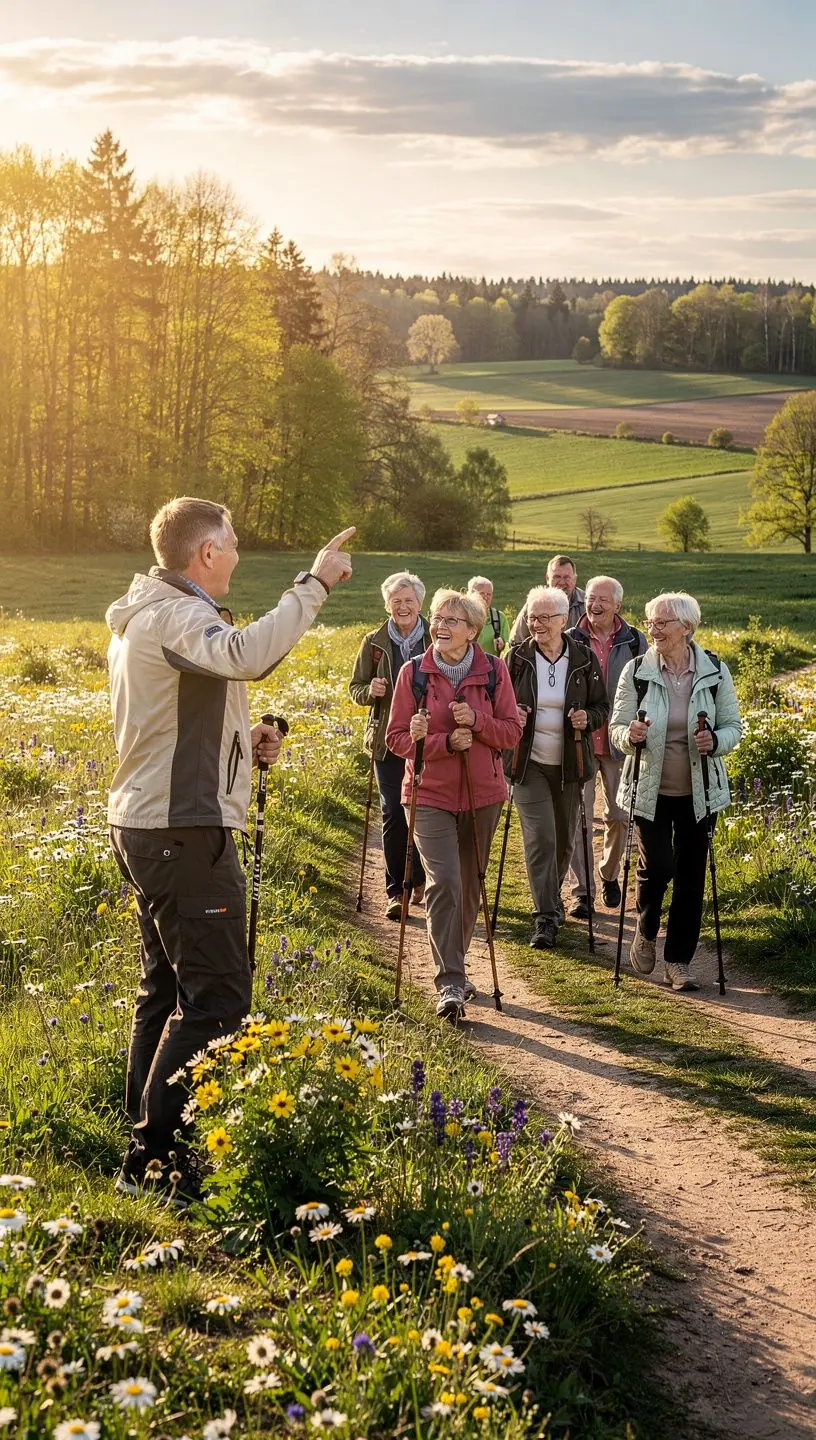 Instruktors, kas rāda vingrinājumus ekrānā, kamēr seniors seko līdzi.
