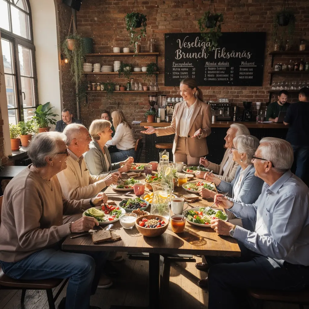 Grupa seniors, kuri kopā vingro, uzlabojot savu fizisko formu un sociālo saikni.