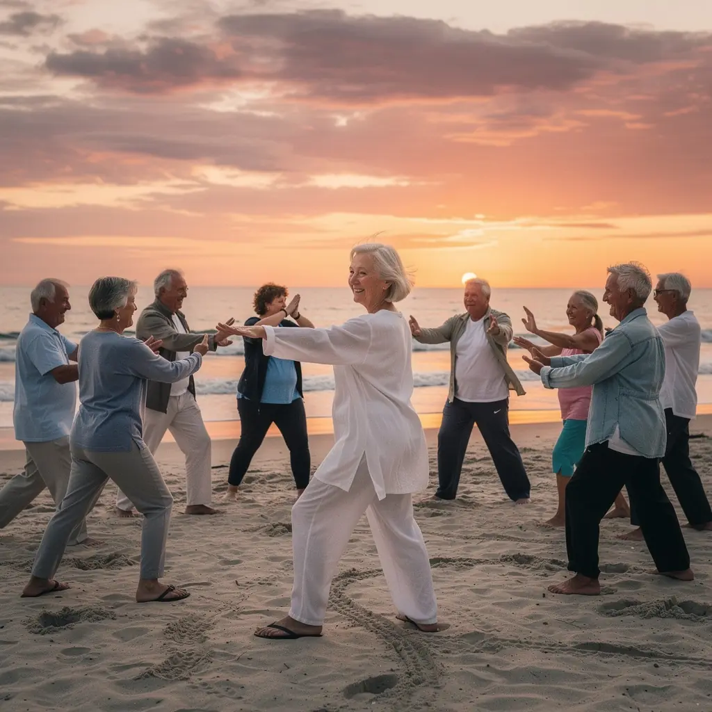 Vingrojoša seniora attēls, kas veic stiepšanās vingrinājumus pie datora ekrāna.