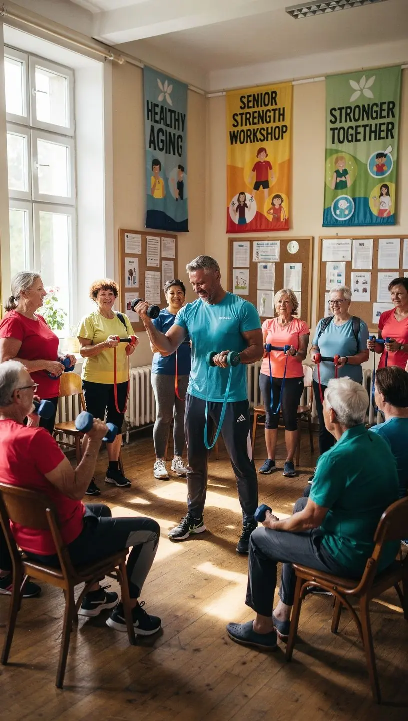 Seniors, kurš izmanto vingrošanas bumbu, lai uzlabotu ķermeņa stabilitāti.