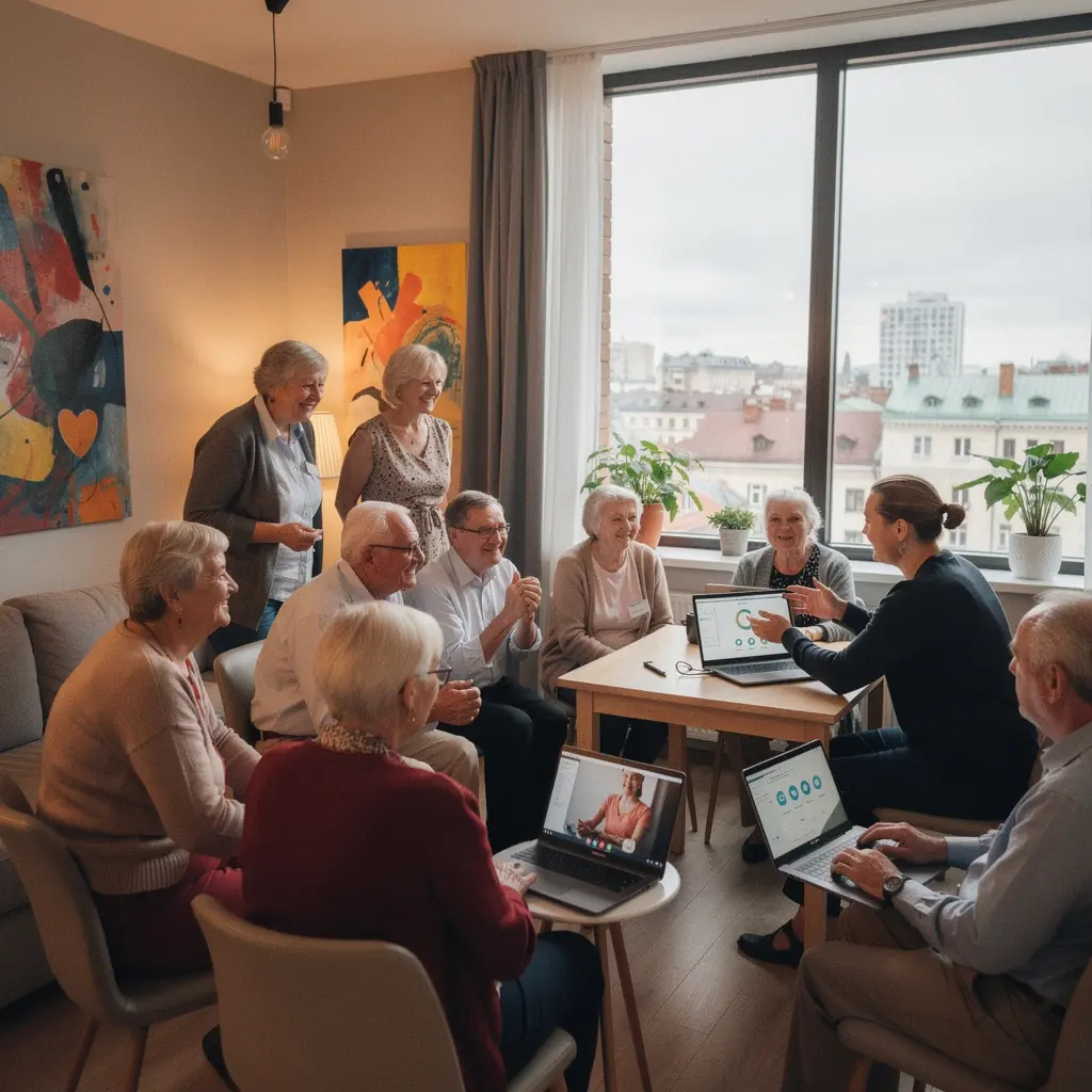 Vingrošanas pasniedzējs, kurš demonstrē vingrinājumus senioriem attālinātajā treniņā.