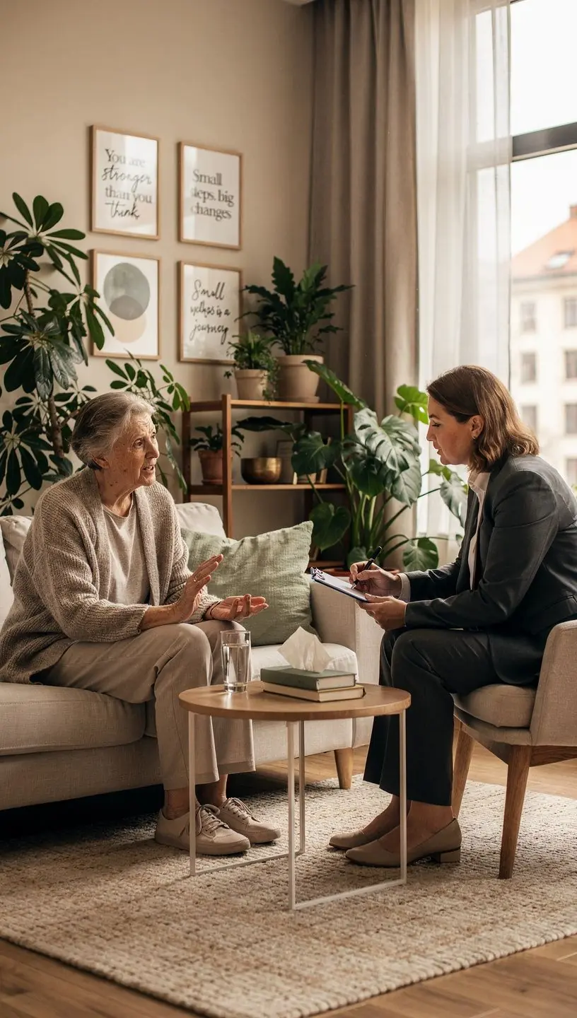 Seniors, kuri veic spēka vingrinājumus mājās, izmantojot stabiliem krēsliem.